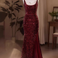 Vintage Burgundy Sequin Spaghetti Strap Sweetheart Prom Dress Evening Gown DP7512