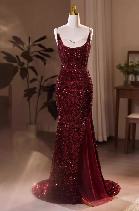 Vintage Burgundy Sequin Spaghetti Strap Sweetheart Prom Dress Evening Gown DP7512