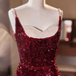 Vintage Burgundy Sequin Spaghetti Strap Sweetheart Prom Dress Evening Gown DP7512