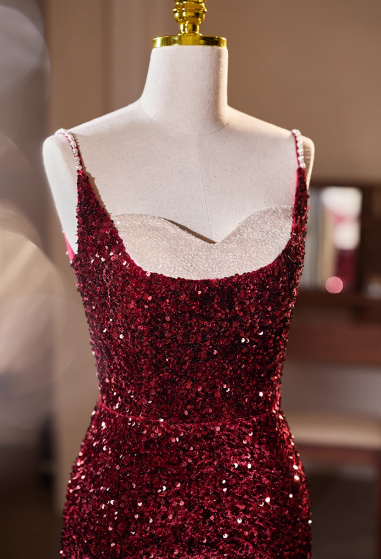 Vintage Burgundy Sequin Spaghetti Strap Sweetheart Prom Dress Evening Gown DP7512