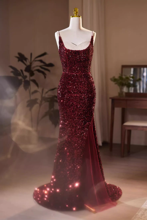 Vintage Burgundy Sequin Spaghetti Strap Sweetheart Prom Dress Evening Gown DP7512