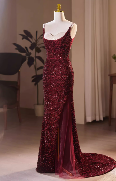 Vintage Burgundy Sequin Spaghetti Strap Sweetheart Prom Dress Evening Gown DP7512