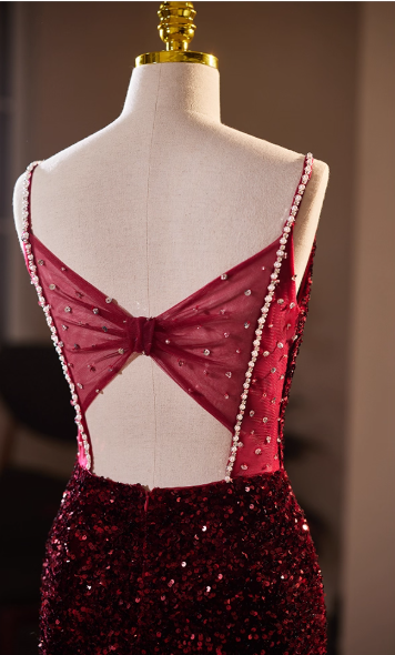 Vintage Burgundy Sequin Spaghetti Strap Sweetheart Prom Dress Evening Gown DP7512