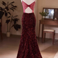 Vintage Burgundy Sequin Spaghetti Strap Sweetheart Prom Dress Evening Gown DP7512