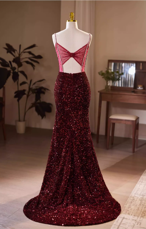 Vintage Burgundy Sequin Spaghetti Strap Sweetheart Prom Dress Evening Gown DP7512