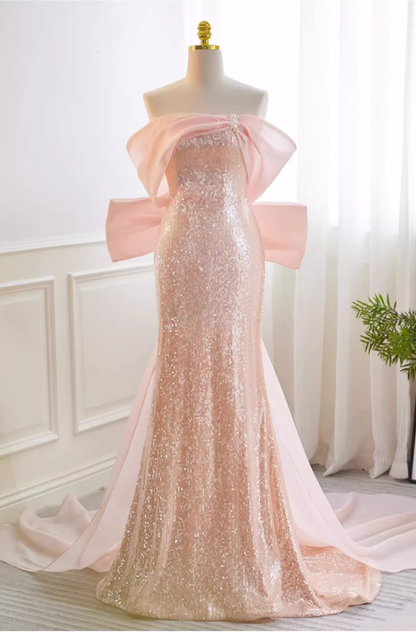 Vintage Pink Sequin Mermaid Off-the-Shoulder Chiffon Bow Prom Dress Evening Gown DP7513