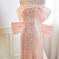 Vintage Pink Sequin Mermaid Off-the-Shoulder Chiffon Bow Prom Dress Evening Gown DP7513