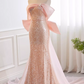 Vintage Pink Sequin Mermaid Off-the-Shoulder Chiffon Bow Prom Dress Evening Gown DP7513