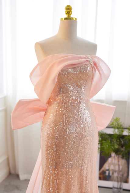 Vintage Pink Sequin Mermaid Off-the-Shoulder Chiffon Bow Prom Dress Evening Gown DP7513