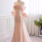 Vintage Pink Sequin Mermaid Off-the-Shoulder Chiffon Bow Prom Dress Evening Gown DP7513