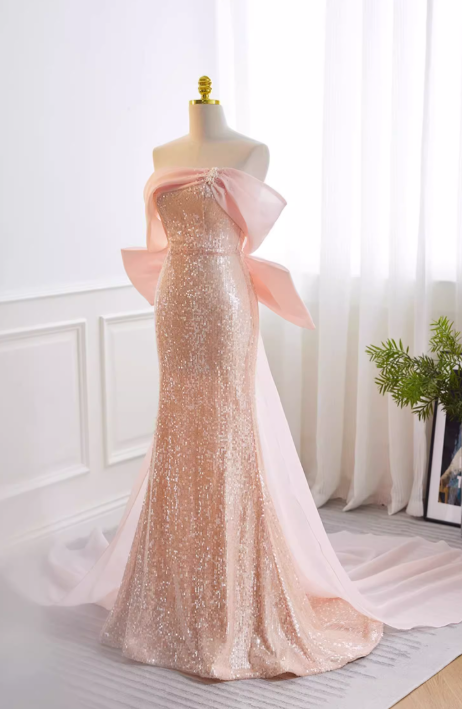 Vintage Pink Sequin Mermaid Off-the-Shoulder Chiffon Bow Prom Dress Evening Gown DP7513