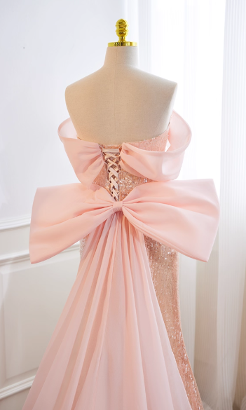 Vintage Pink Sequin Mermaid Off-the-Shoulder Chiffon Bow Prom Dress Evening Gown DP7513