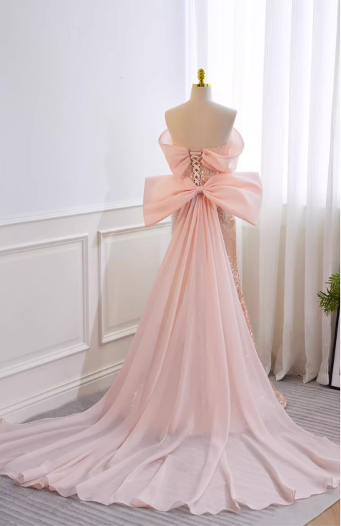 Vintage Pink Sequin Mermaid Off-the-Shoulder Chiffon Bow Prom Dress Evening Gown DP7513
