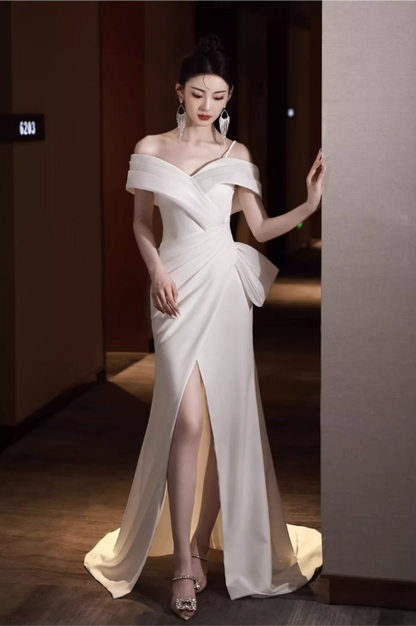 Vintage White Satin Off-the-Shoulder Mermaid High Slit Prom Dress Evening Gown DP7514