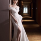 Vintage White Satin Off-the-Shoulder Mermaid High Slit Prom Dress Evening Gown DP7514