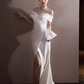 Vintage White Satin Off-the-Shoulder Mermaid High Slit Prom Dress Evening Gown DP7514