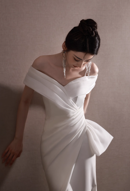 Vintage White Satin Off-the-Shoulder Mermaid High Slit Prom Dress Evening Gown DP7514