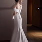 Vintage White Satin Off-the-Shoulder Mermaid High Slit Prom Dress Evening Gown DP7514