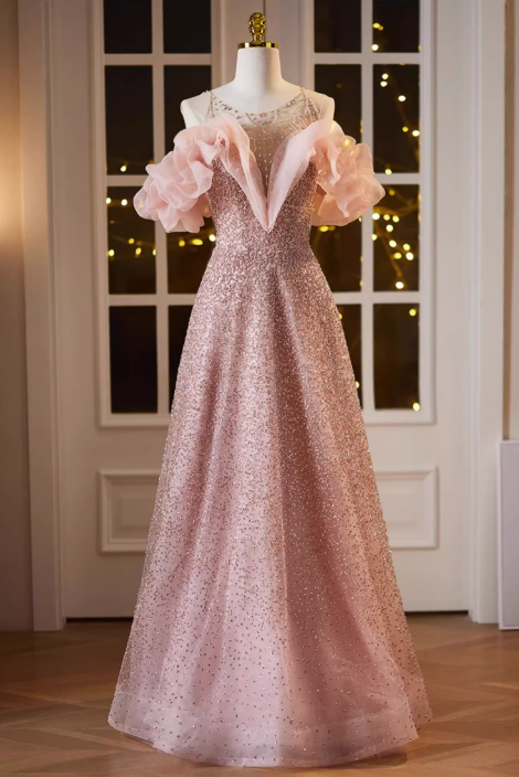Vintage Pink Beaded Tulle Off-the-Shoulder A-Line Ruffled Sleeves Prom Dress DP7515