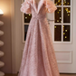 Vintage Pink Beaded Tulle Off-the-Shoulder A-Line Ruffled Sleeves Prom Dress DP7515