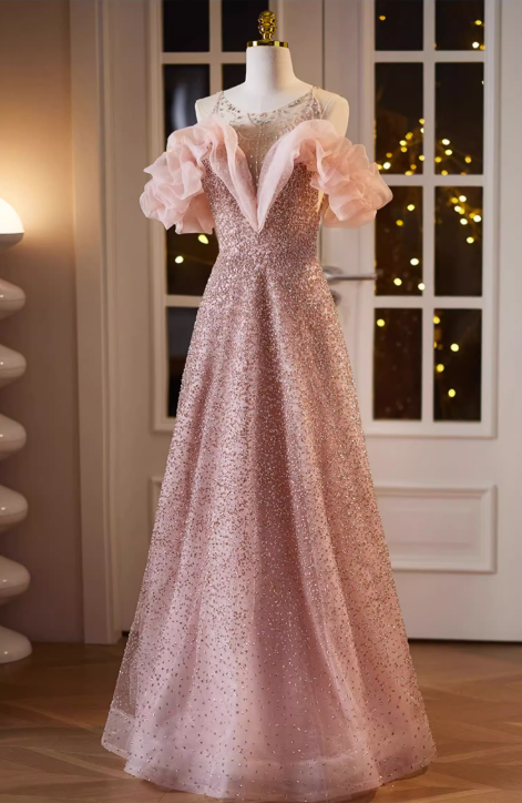 Vintage Pink Beaded Tulle Off-the-Shoulder A-Line Ruffled Sleeves Prom Dress DP7515