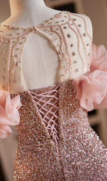 Vintage Pink Beaded Tulle Off-the-Shoulder A-Line Ruffled Sleeves Prom Dress DP7515