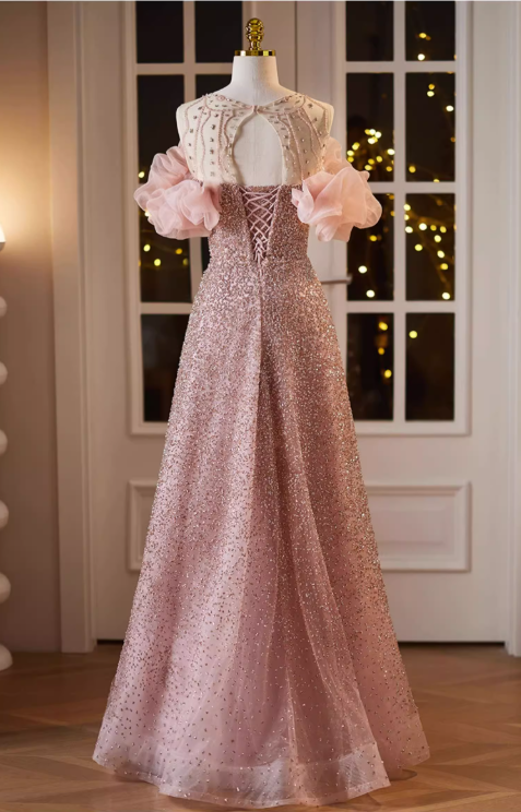 Vintage Pink Beaded Tulle Off-the-Shoulder A-Line Ruffled Sleeves Prom Dress DP7515