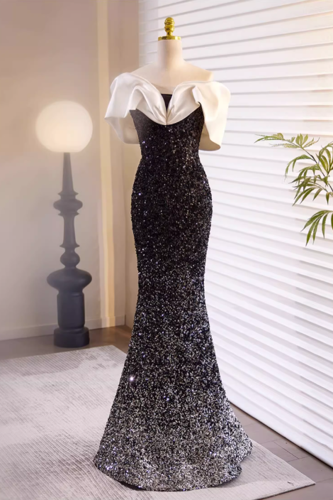 Vintage Black Sequin Mermaid Off-the-Shoulder Prom Dress DP7516