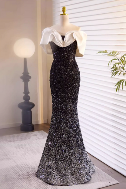 Vintage Black Sequin Mermaid Off-the-Shoulder Prom Dress DP7516