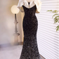 Vintage Black Sequin Mermaid Off-the-Shoulder Prom Dress DP7516