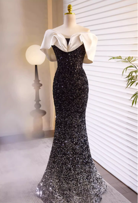 Vintage Black Sequin Mermaid Off-the-Shoulder Prom Dress DP7516