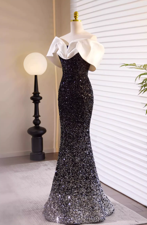 Vintage Black Sequin Mermaid Off-the-Shoulder Prom Dress DP7516