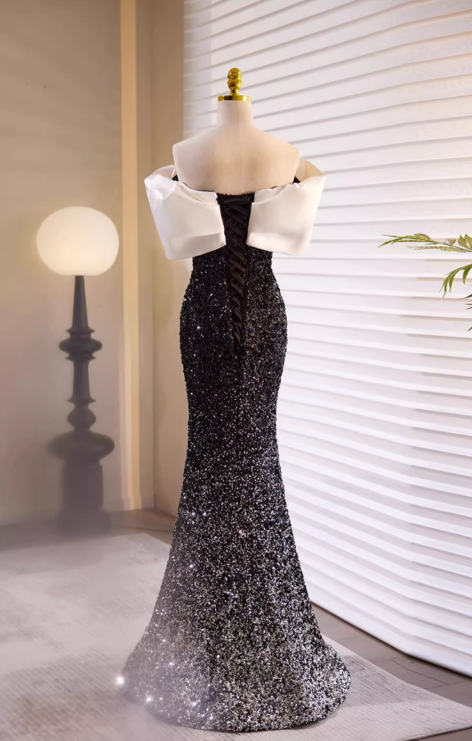 Vintage Black Sequin Mermaid Off-the-Shoulder Prom Dress DP7516