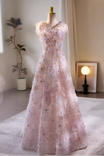 Vintage Pink Tulle 3D Floral A-Line Prom Dress DP7517