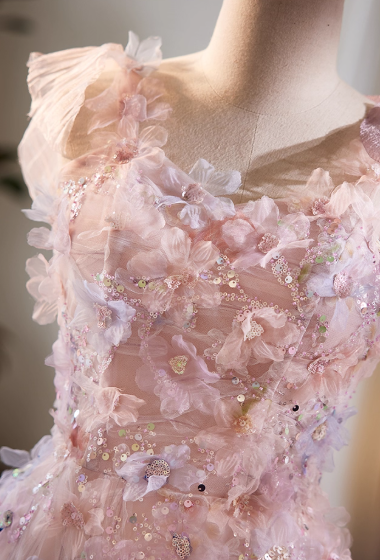 Vintage Pink Tulle 3D Floral A-Line Prom Dress DP7517