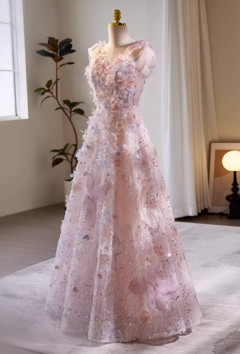 Vintage Pink Tulle 3D Floral A-Line Prom Dress DP7517