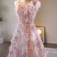 Vintage Pink Tulle 3D Floral A-Line Prom Dress DP7517