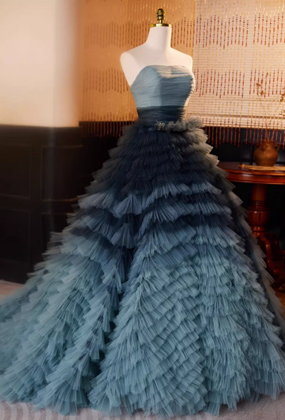 Elegantes, türkisfarbenes Ombré-Tüll-Ballkleid mit Rüschen, trägerlos und gerafft für Sweet 16 Quinceañera DP7518