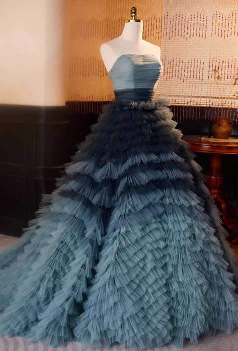 Elegantes, türkisfarbenes Ombré-Tüll-Ballkleid mit Rüschen, trägerlos und gerafft für Sweet 16 Quinceañera DP7518