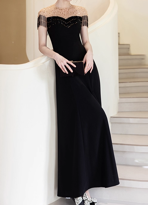 Vintage Black Beaded Fringe Short Sleeves Sheath Prom Dress DP7520