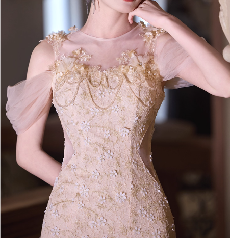 Glamouröses champagnerfarbenes Meerjungfrauen-Abendkleid aus Tüll mit 3D-Blumenstickerei und schulterfreiem Ausschnitt DP7521