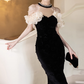 Glamorous Black Pearl Choker Ruffled Organza Sleeves Prom Dress DP7522