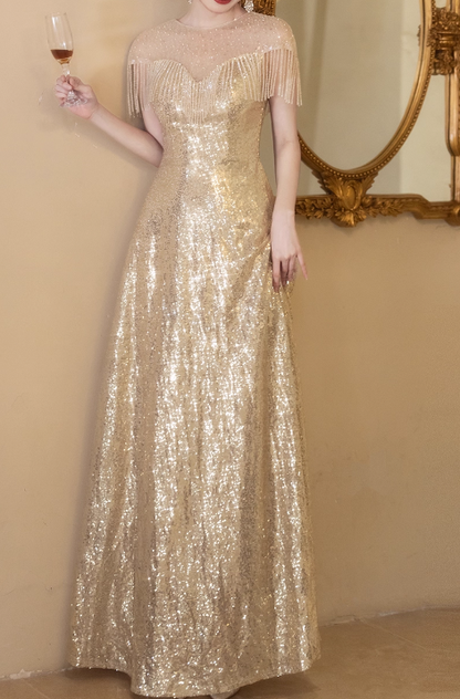 Glamorous Sparkling Gold Sequin Maxi Dress A-Line Fringed Sheer Yoke Prom Dress DP7524