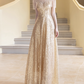 Glamorous Sparkling Gold Sequin Maxi Dress A-Line Fringed Sheer Yoke Prom Dress DP7524