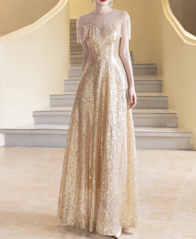 Glamorous Sparkling Gold Sequin Maxi Dress A-Line Fringed Sheer Yoke Prom Dress DP7524