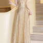 Glamorous Sparkling Gold Sequin Maxi Dress A-Line Fringed Sheer Yoke Prom Dress DP7524