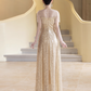 Glamorous Sparkling Gold Sequin Maxi Dress A-Line Fringed Sheer Yoke Prom Dress DP7524