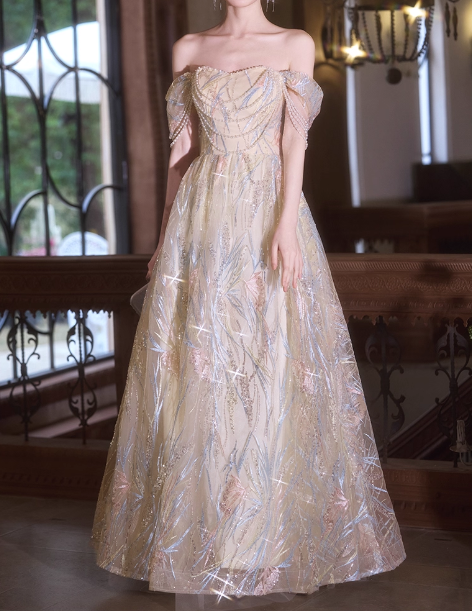 Glamorous Champagne Tulle Iridescent Sequin Embroidery Off-Shoulder Prom Dress DP7525