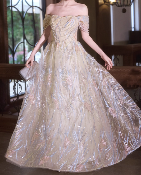 Glamorous Champagne Tulle Iridescent Sequin Embroidery Off-Shoulder Prom Dress DP7525