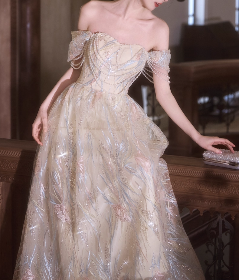 Glamorous Champagne Tulle Iridescent Sequin Embroidery Off-Shoulder Prom Dress DP7525